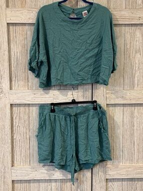Zig Zag Stripe Two-Piece Teal Short Set - Crop Top & Drawstring Shorts sz 3XL